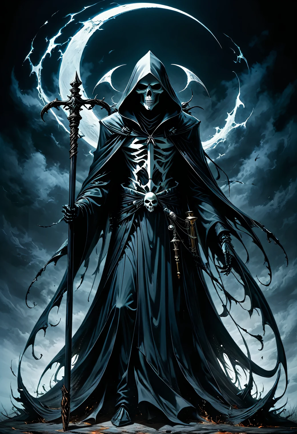 ((Dark Art)), ((Dark Fantasy)), ((Anime style)), ((Horror story)), Black Grim Reaper and White Grim Reaper, full body, full pose, sharp style, impeccable grace, mesmerizing work of the master, minimal digital bluer, volumetric depth, illusion The hidden meaning and riddles are encrypted in the image, picture in picture, in the image