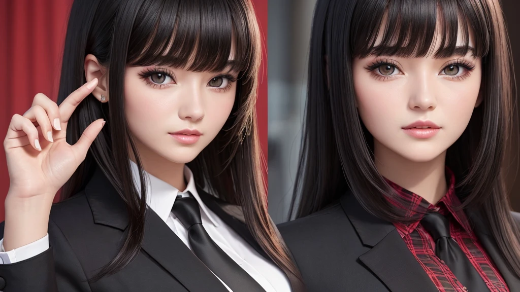 ((high quality)), ((8k)), (Detailed face), (highlight), woman、Big Breasts、Blunt bangs、Black Hair、Checked skirt、blazer、From red to black、１people