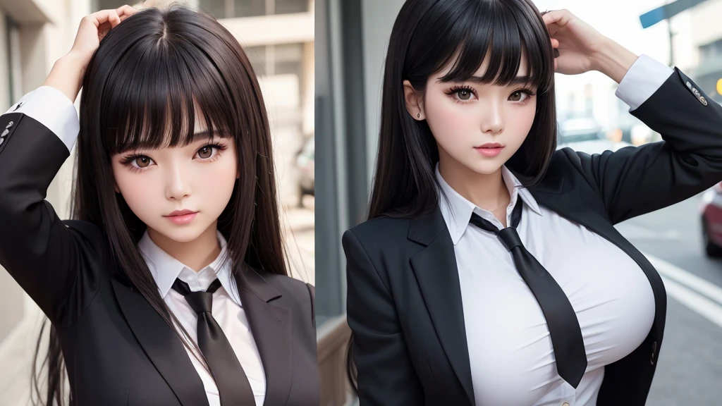 ((high quality)), ((8k)), (Detailed face), (highlight), woman、Big Breasts、Blunt bangs、Black Hair、Checked skirt、blazer、From red to black、1people