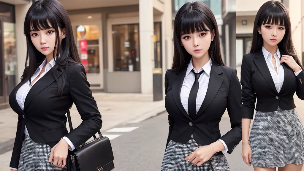 ((high quality)), ((8k)), (Detailed face), (highlight), woman、Big Breasts、Blunt bangs、Black Hair、Checked skirt、blazer、From red to black、1people