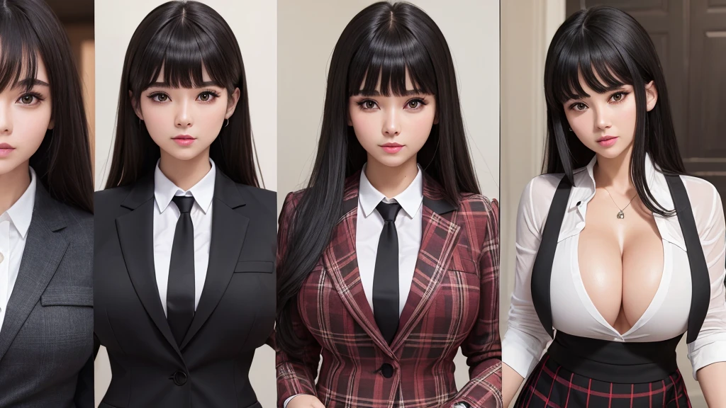 ((high quality)), ((8k)), (Detailed face), (highlight), woman、Big Breasts、Blunt bangs、Black Hair、Checked skirt、blazer、From red to black、1people