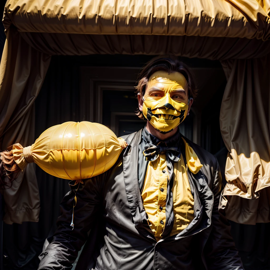 dark aesthetic, a creepy man standing on the other side of the road in a yellow mask with a huge smile, holding a yellow balloon, scary, eerie