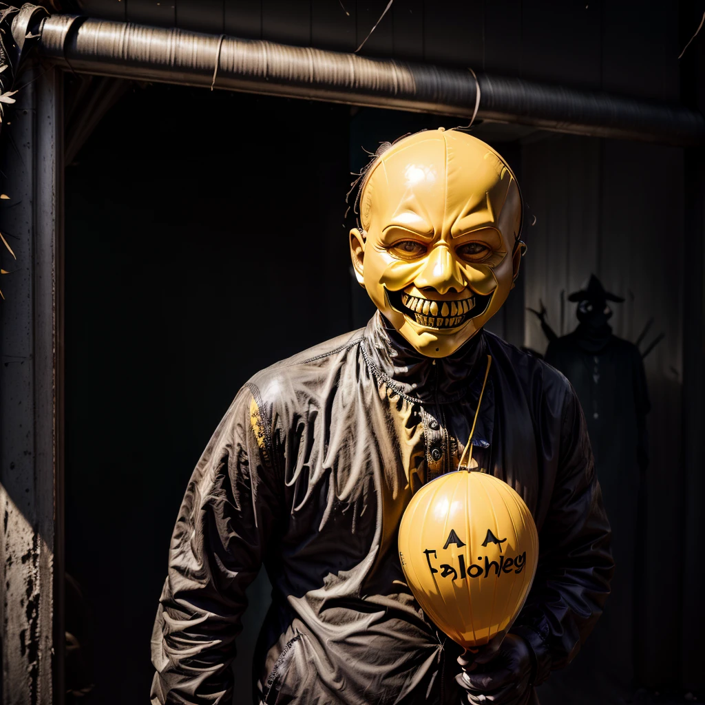 dark aesthetic, a creepy man standing on the other side of the road in a yellow mask with a huge smile, holding a yellow balloon, scary, eerie