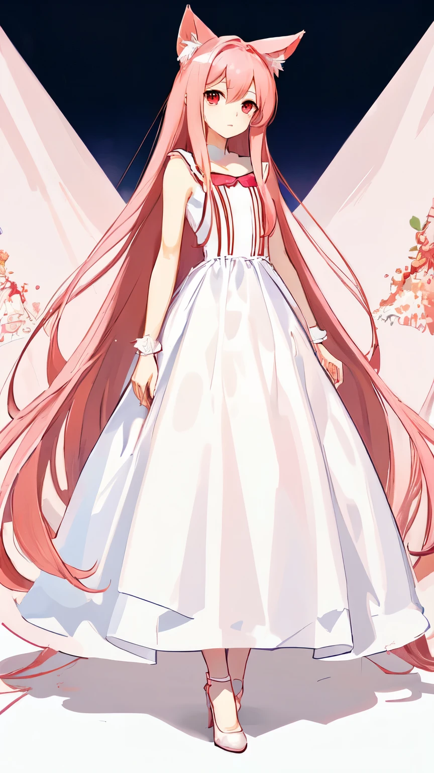 Absurd, One girl, Red eyes, Animal Ears, Long Hair, Pink Hair, Eyes Wide Open, eyelash, View Viewer, twitchemotional expression, Beautiful background, White and navy elegant dress,Long dress, High heels, Standing in front, Little, emotional expression, In-person audience, (:3:1.0), blush