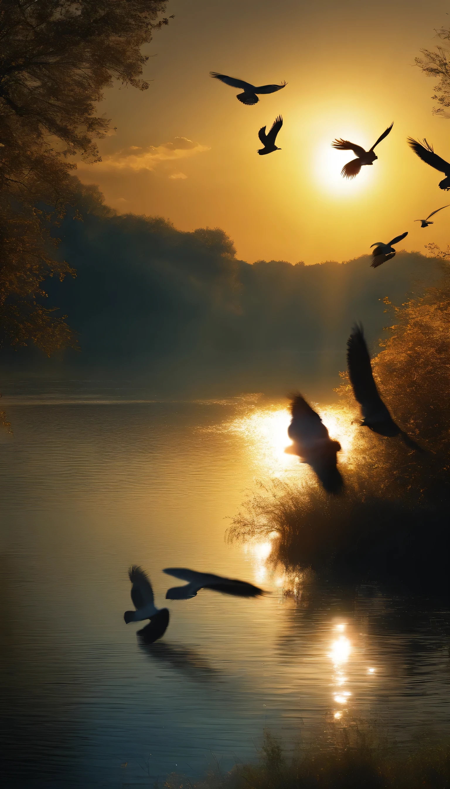 nature, blue sky, wind, birds flying, river reflecting the sun, image in 2560 x 1440 pixel format, deep shadow, movie lightning, high detail