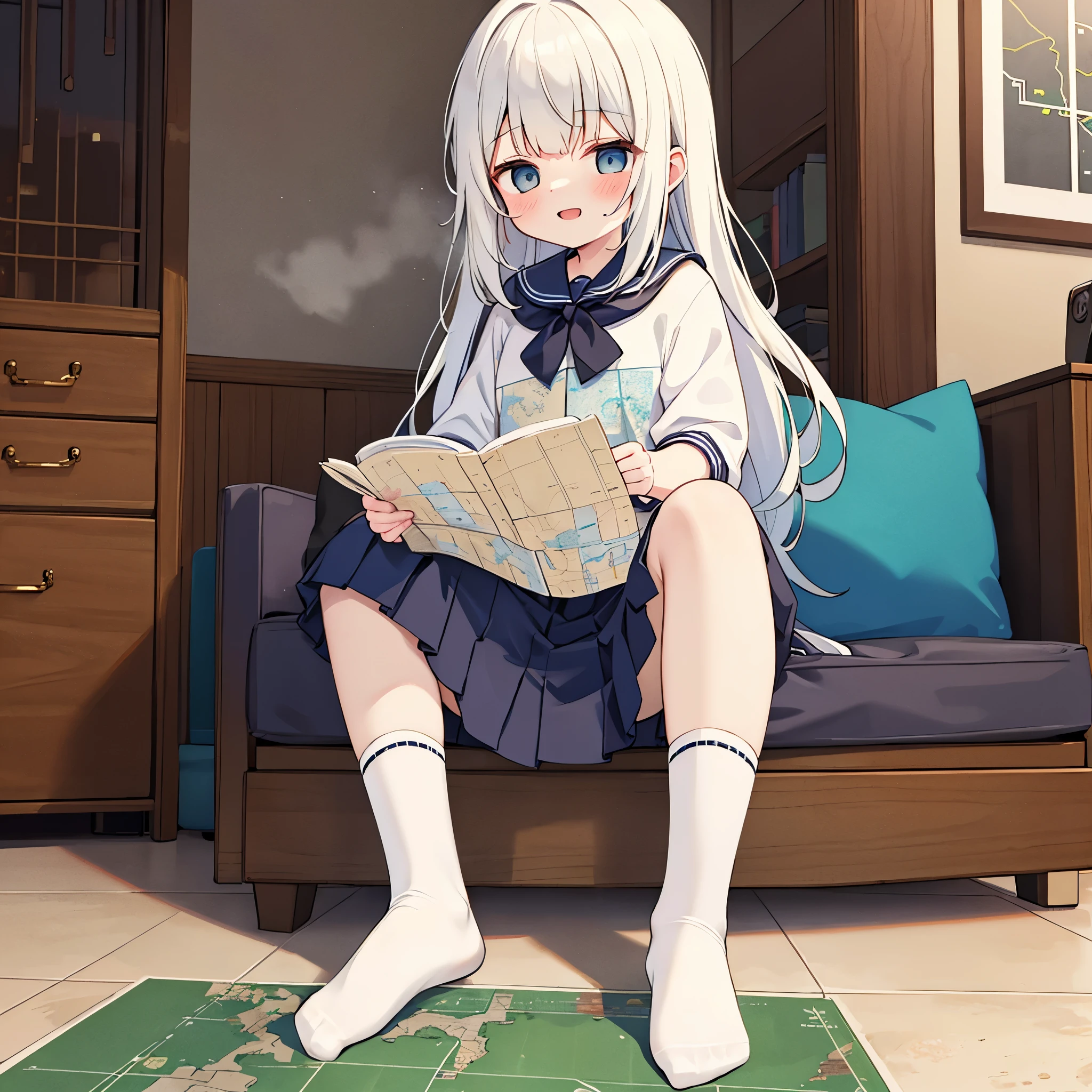 Masterpiece, Best quality, Highly detailed,Masterpiece,Best quality,offcial art,Extremely detailed Cg Unity 8K wallpaper,1girl,solo,A girl, eight years old, without shoes, white socks, In the room, sitting on a large map, A huge map covered the room,there is a large map spread out in the room,sitting on the ground, Step on the map with her feet, laughing, socks emitting steam,