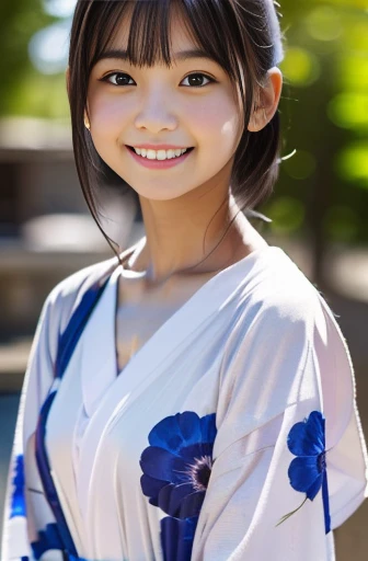 Tabletop, (highest quality),(masterpiece) Realistic,Realistic Ultra-detailed, finely, High resolution, 8K Wallpaper,Anatomically correct body, Healthy,One cute girl,Japanese,13 years old,,smile,(Black Hair:1.3),(Straight long hair:1.4),(Are thin:1.3),(yukata:1.3),Summer sunshine,Park during the day,,Clear skies,Basking in the sunshine