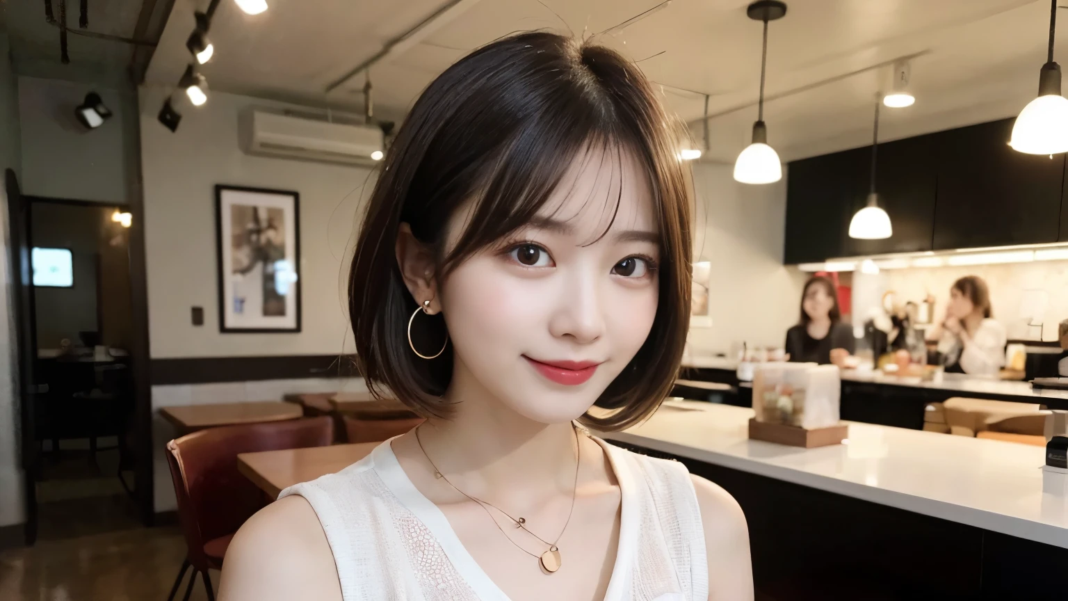 Very detailed 8k wallpaper)、foco nítido、in detail、Drama、Delicate and beautiful woman、35 year old、Sheer white shirt、Black hair、short-cut、Sexy、A smile、Peek at the viewer、Beautiful graphics、nighttime scene、nigh sky、Show me your whole body、large full breasts、Emphasis on the chest、beckoning、obscene