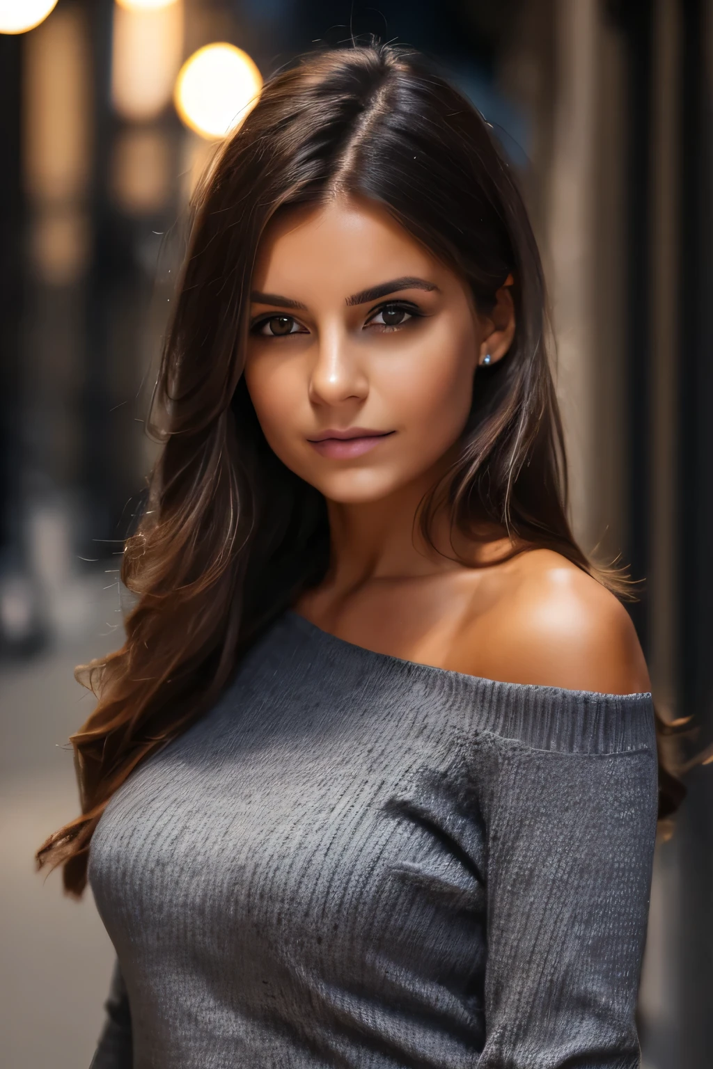 Femme de 25 ans, brun, Yeux marrons, de nuit, urban lighting, Jean, pull gris laissant les épaules nues