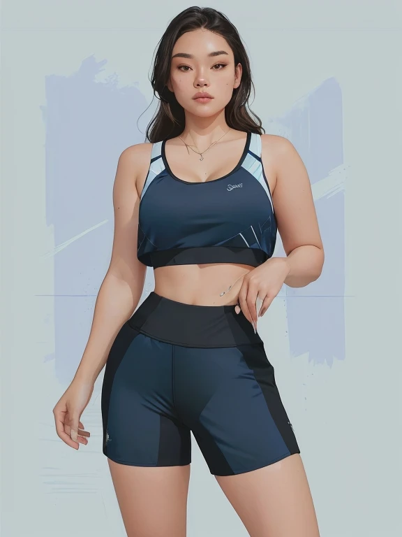 4k, Comic babies, there is a woman in sports bra and shorts posing, sports bra and shorts, dark blue sports bra and shorts, two-piece workout clothes, streetwear bra and shorts, tight black top and shorts, in digital illustration style , adjust woman, adjust, crop top and shorts, in the style of Digital Painting, adjust girl, toned shape, wearing adjustness gear