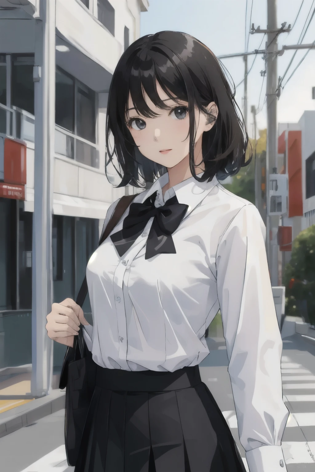 best quality, jk, 1girl, solo, looking at viewer, medium hair, black hair, breasts, closed mouth, white shirt, outdoors, lips, black skirt, black bowtie, upper body, 