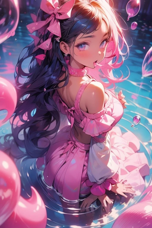 masterpiece, best quality, ultra detailed, 8k, high res, girl(afrocentric skin), surrounded by pink water and bubbles, anime, anime illustration, anime by sam does art