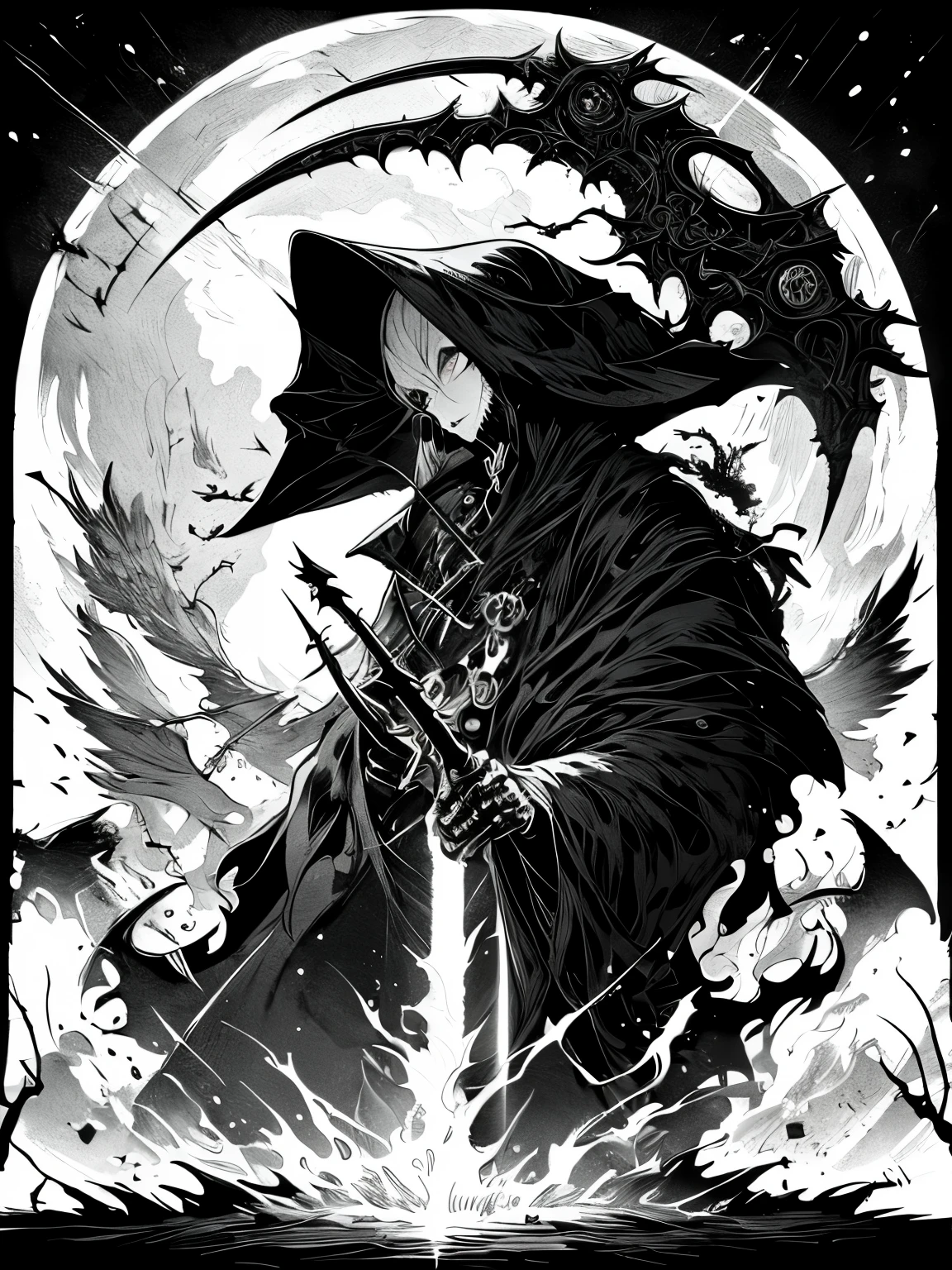 grim Reaper, Black and white illustration, Have a scythe, Glowing Eyes,