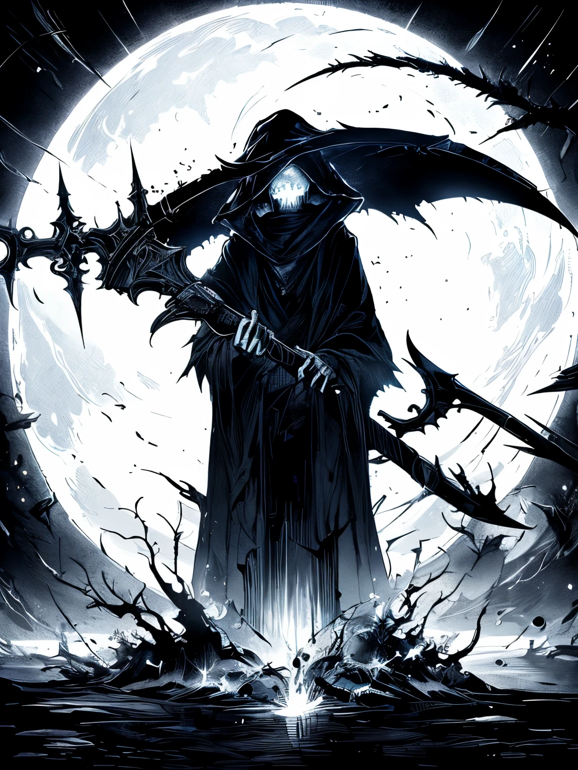 grim Reaper, Black and white illustration, Have a scythe, Glowing Eyes,