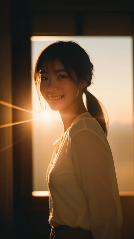 (highest quality,masterpiece:1.3,ultra high resolution),(Super detailed,caustics,8k),(realistic:1.4,RAW shooting),1 girl,(smile and look down at the camera),(front shot:1.1),(look forward),18-year-old,cute,Japanese,Black short ponytail,,glamorous,(big ),( close),(chest focus),street,sunlight,Natural light,(Backlight),(A bright light shines from behind),(Lens flare),professional writing,(cowboy shot),(low position:1.3),(Low - Angle:1.3)