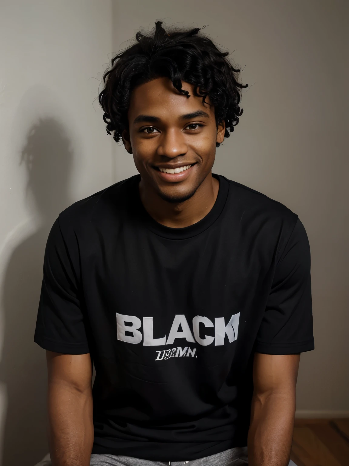 Make me a picture of a black man with short black curly hair,com um moletom preto, com uma camisa de basquete por baixo, with a determined and evil smile,com os olhos saindo uma aura
