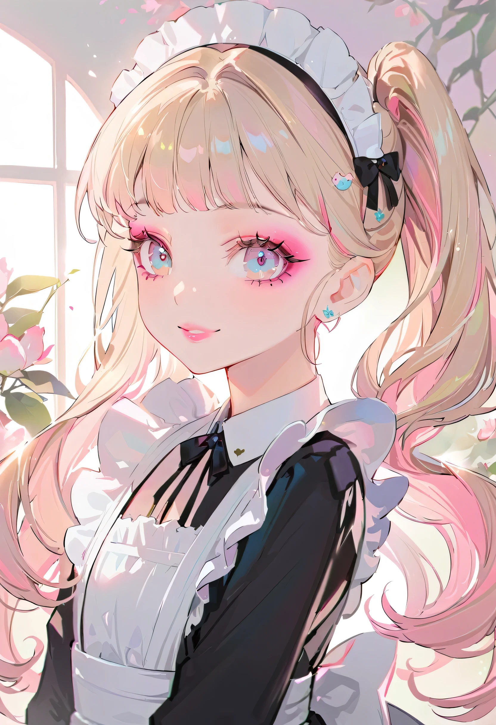 (maid:1.5),(best quality,ultra-detailed,highres:1.2),beautiful girl with exquisite makeup and flawless face,very long eyelashes, detailed lips, radiant smile, soft skin, glossy hair,vibrant background, natural lighting,(The cutest girl in the world:1.5),Exquisite makeup
