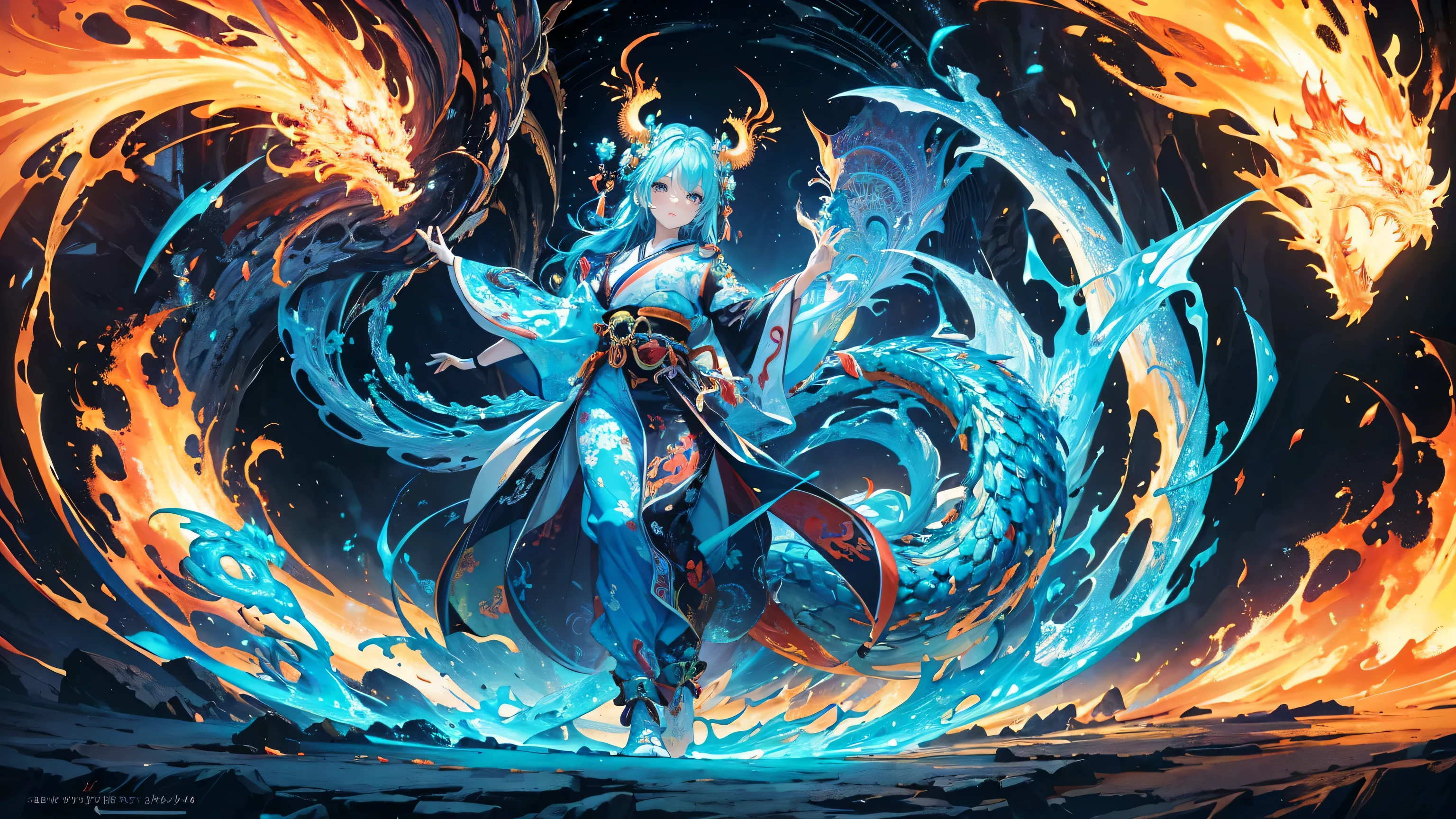 8K masterpiece, highest quality, highest quality, Official Art, (Beauty and aesthetics: 1.3), Very detailed, (Fractal Art: 1.3), colorful, Flame and the Japanese Dragon, Serpentine body, nail, cyan and 1 Woman, Hanwomen's Media, Japanese Clothing, cyan,(),Naked,