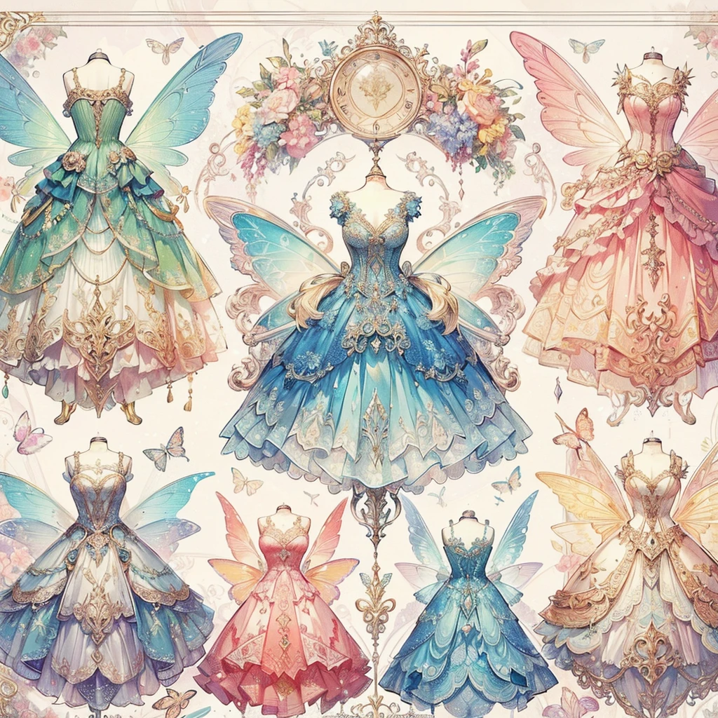(Exquisite, beautiful, Very detailed, masterpiece, high quality,High resolution), (An illustration of a page from a catalogue of antique dresses from a fantasy world, with bright pastel dresses on a torso, all with beautiful fairy wings growing from the back, each dress with a description written on it, the dresses lined up in a regular pattern of the same size so that they do not overlap, and the store's logo in the center.,Soft and thin lines,Pixiv-inspired anime illustration,Illustrations that go viral among Japanese people on Twitter),A catalogue showing dresses with draped peplums symmetrically attached to the bottom of the corset and butterfly-like fairy wings growing from the waist.,The dress has a floral motif and jewels, and the skirt is decorated with bows and flowers. It is a long princess dress with a fluffy white pannier and a flower-shaped skirt.,Flowers on the corset々The dress is decorated with beautiful, clear fairy wings growing from the waist., Dresses look good in a store catalogue with regular rows of them,Colored pencil art