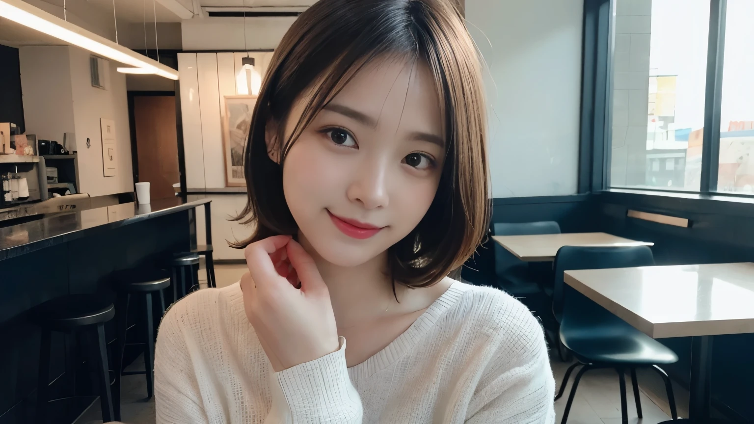 Random Pause, Mix 4, (8k, RAW Photos, highest quality, masterpiece: 1.45), (Realistic, Photorealistic: 1.37), One Girl, cute, Laughter, Professional Lighting, Photographed inside the cafe,Photon Mapping, Radio City, Physically Based Rendering, Gradient Blonde Hair, Gray Hair, Very short hair,Gal,good looking, With a girl,Long sleeve shirt,highest qualityの写真, High resolution, 1080p, (Clear Face), (Detailed facial depiction), (Detailed description of the hand), (masterpiece), Vibrant, Extreme light and shadow, Messy Hair, masterpiece, Rich details, (Detailed facial features), (highest qualityの写真), (masterpiece), (Finely tuned), dual、Look in front of you, Thin clavicle,Background of the café