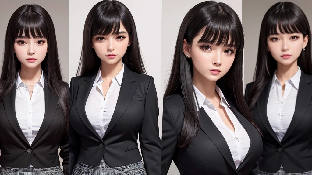 ((high quality)), ((8k)), (Detailed face), (highlight), woman、Big Breasts、Blunt bangs、Black Hair、Checked skirt、blazer、From red to black、1people