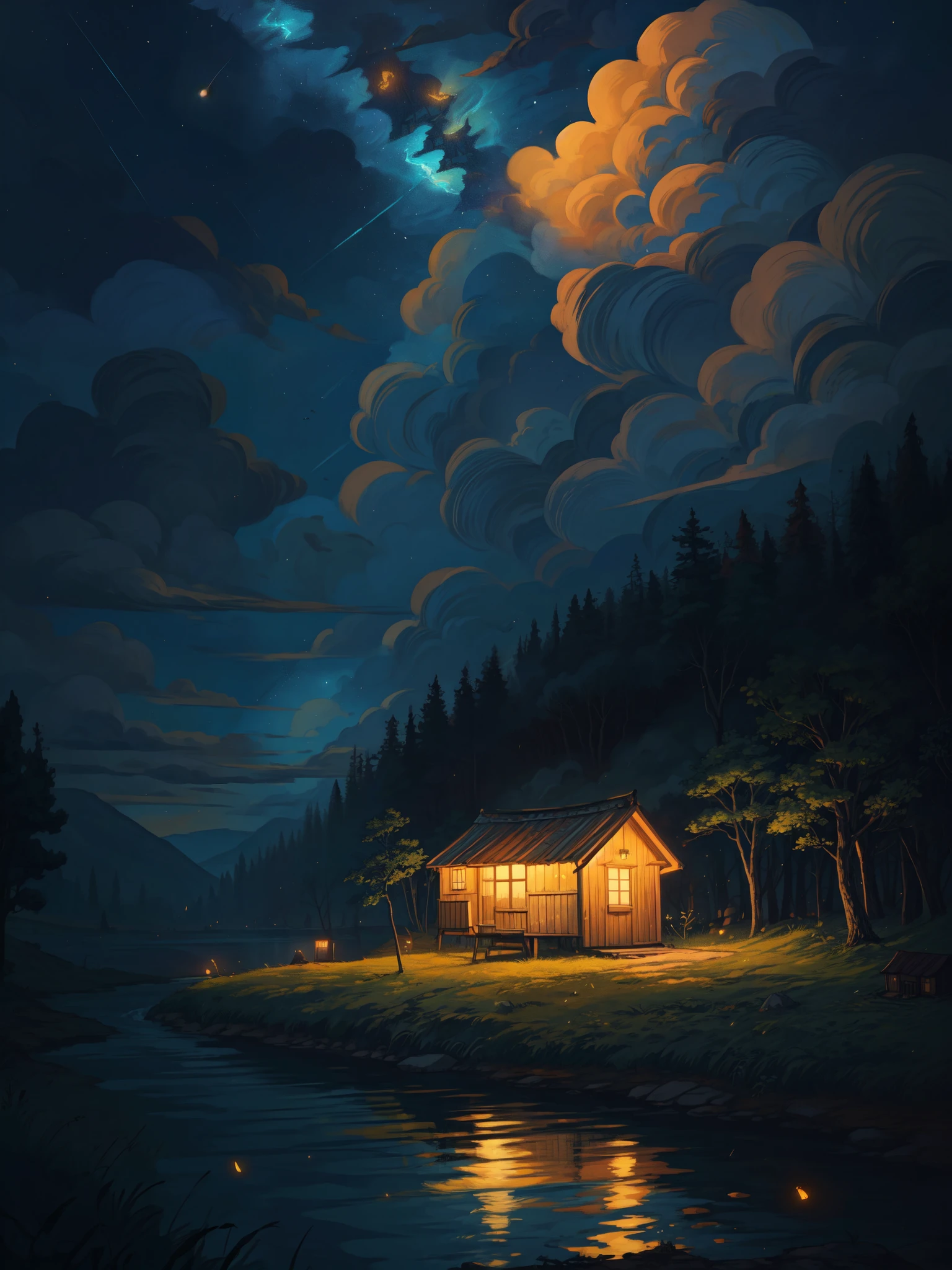 aerial view, hut by the river, night time, fireflies, moolight falling on river, boat, reflection, starry sky, norway, beautiful moody weather, illustration, fantasy landscape, vibrant tones, shining clouds, thick lines, cozy tones, beautiful sky, ghibli style, outdoors, cozy atmosphere, micro landscape, intrinsic details