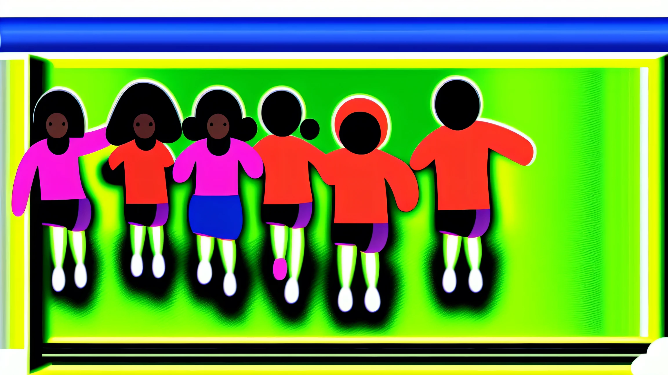 A joyful group of children running freely in a vast field, filled with laughter and excitement, multiple_girls, multiple_boys, running, flowers, grass, field