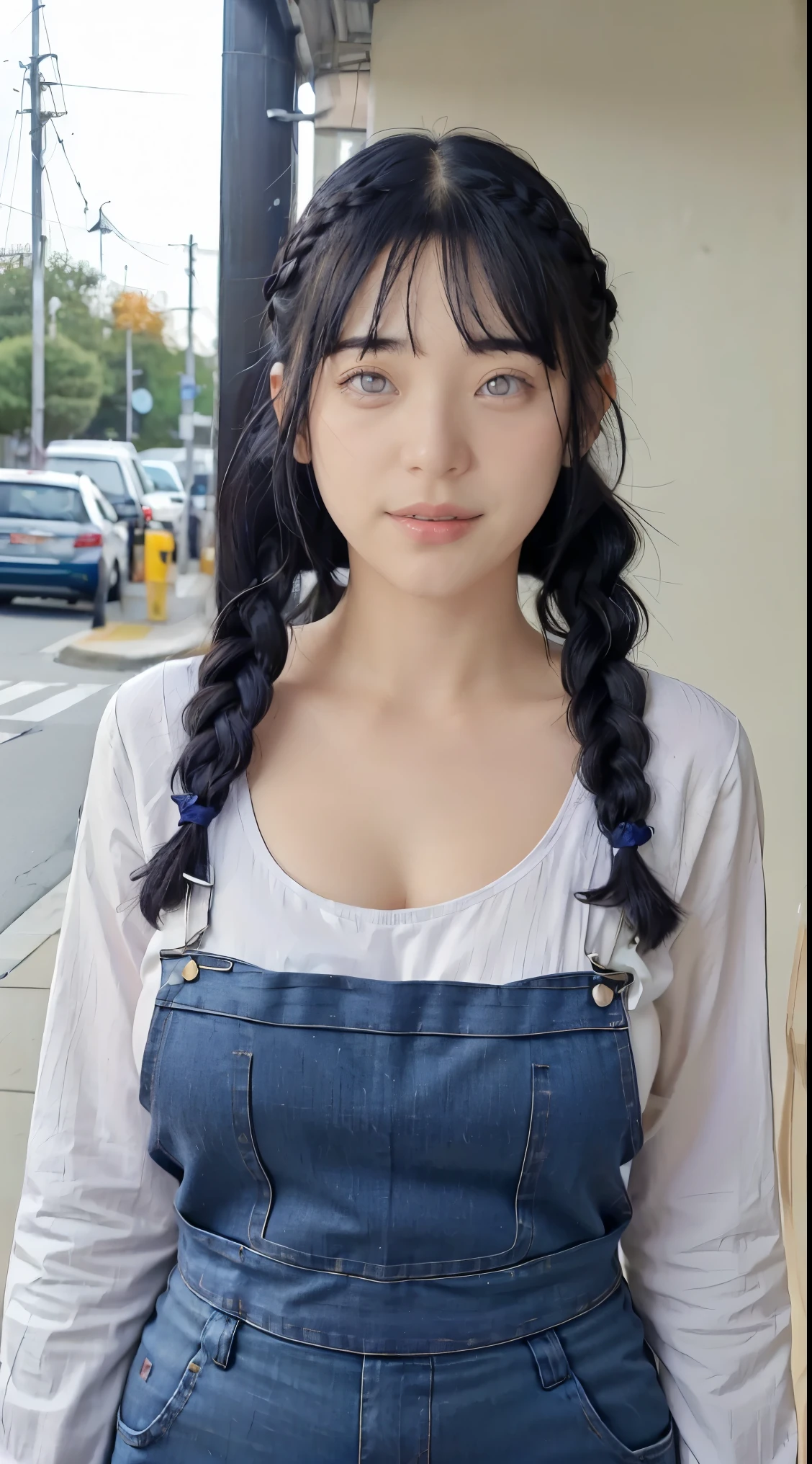 tmasterpiece， best qualityer， ultra - detailed， illustration，1girll，
long whitr hair，dark-blue hair，french braid，Purple eye，bluntbangs，cleavage，Large breasts
shirt，（jeans overalls：1.1），
mideum breasts， 
looking at viewert，hyouka/（Boruto/），Detailed lips
