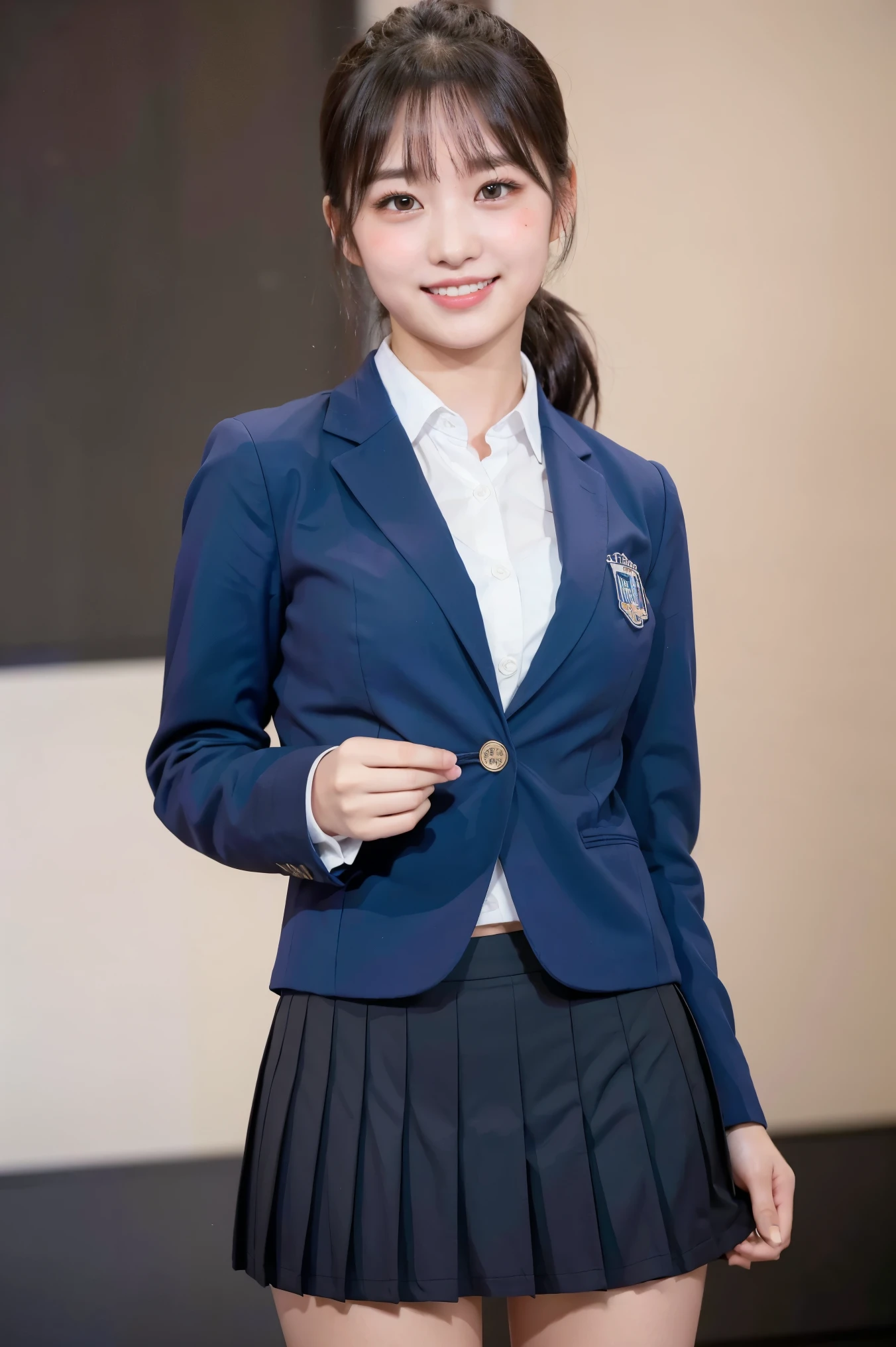 (8k), (highest quality: 1.2), (Realistic), (Realistic: 1.37), Ultra-high resolution, 1 girl, cute, (Embarrassed smile:1.2), (Blushing:1.4)Mouth closed, Beautiful details, Beautiful Nose, Black Hair, ponytail,Giant Dulcefo, pork, Thighs,Navel exposed,(University Student Uniform:1.2),A simple blazer,Pleated skirt,Platform boots,Dancing on the school stage,(光沢のThighs:1.2),Medium Shot