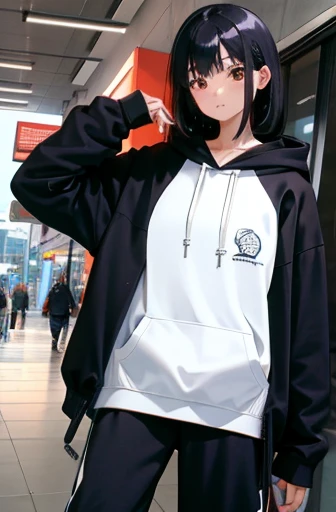 ，（masterpiece，highest quality），sporty，Lightweight hoodie，Black-haired