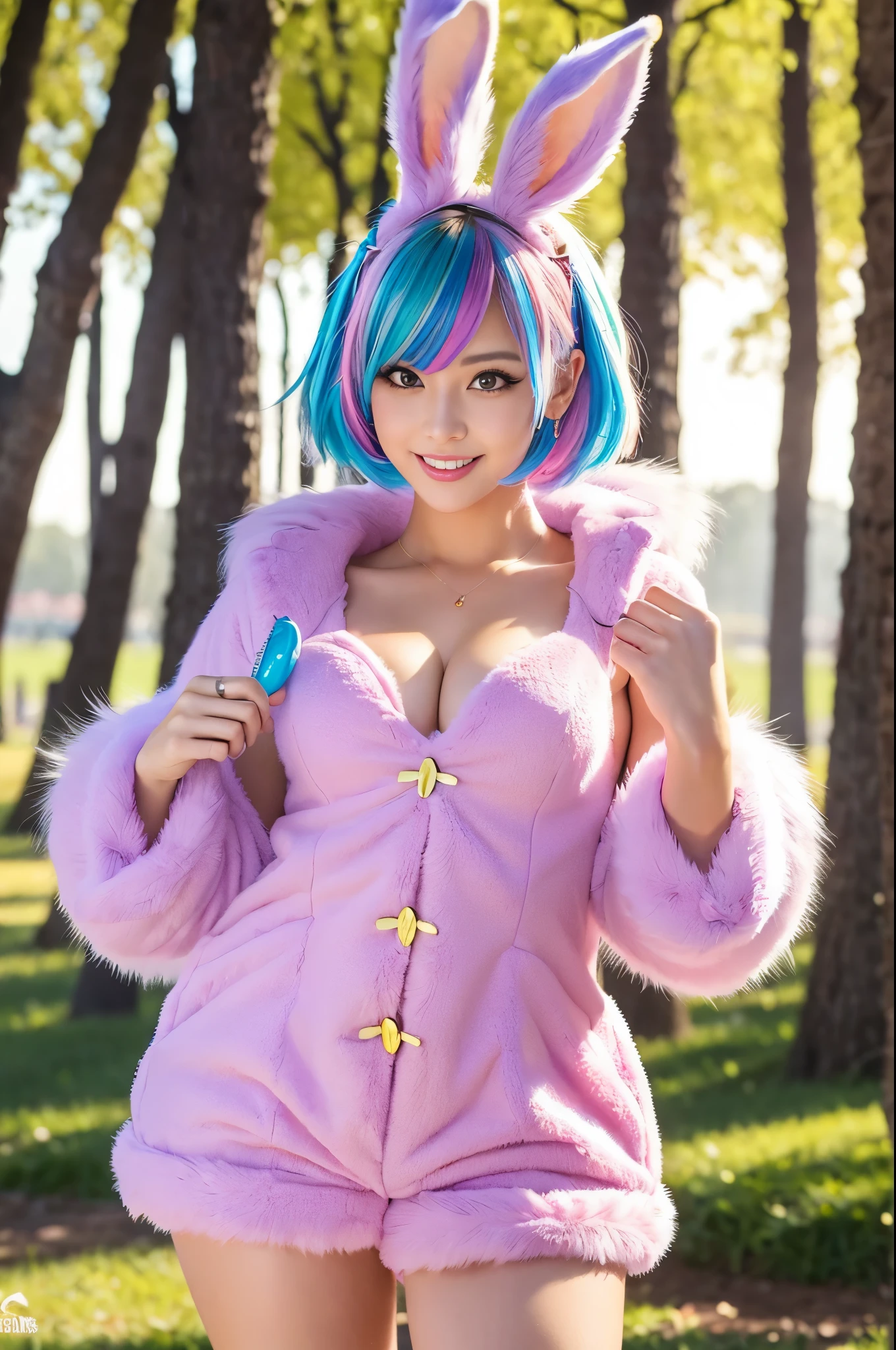 sexy swedish model, (-anime), only 1 model, very short hair, beautiful smile, lipgloss, long lashes, defined eyebrows, long fur rabbit cosplay, ((long fur vivid colors outfit)), ((rabbit accessoires)), rabbit ears, rabbit tail, vivid colors, look at the camera, cinematic light, large park background with trees, sweet and sexy pose