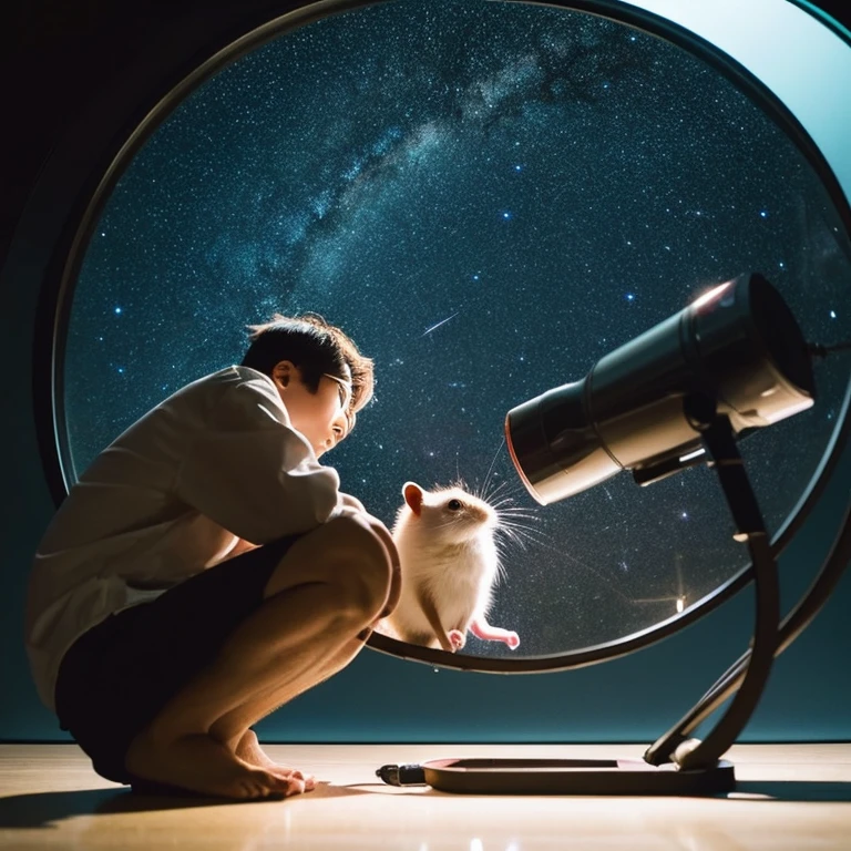Astronomer Hamster:Hamster observing the stars through a telescope。