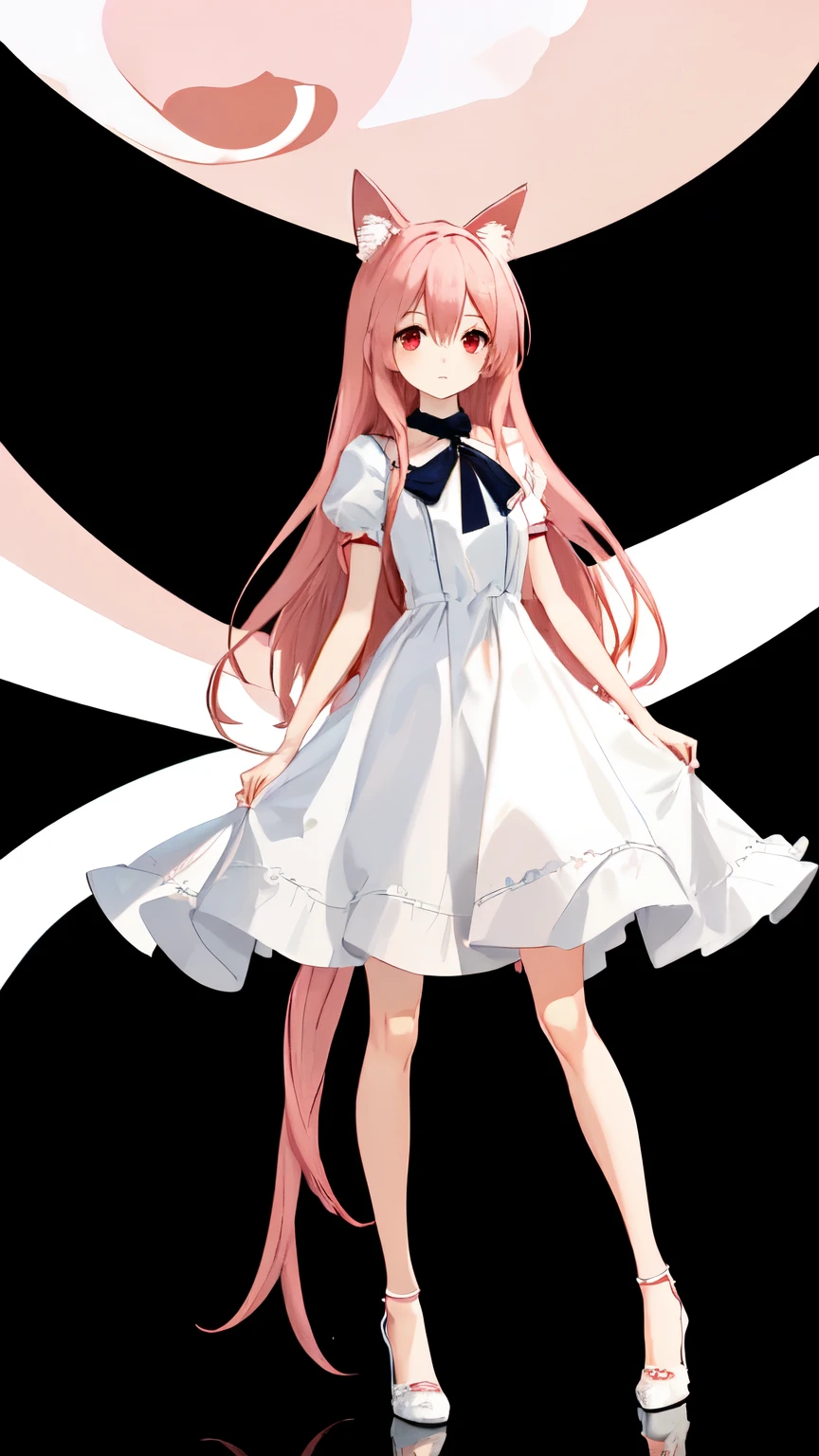 Absurd, One girl, Red eyes, Animal Ears, Long Hair, Pink Hair, Eyes Wide Open, eyelash, View Viewer, twitchemotional expression, Beautiful background, White and navy elegant dress,Long dress, High heels, Standing in front, Little, emotional expression, In-person audience, (:3:1.0), blush