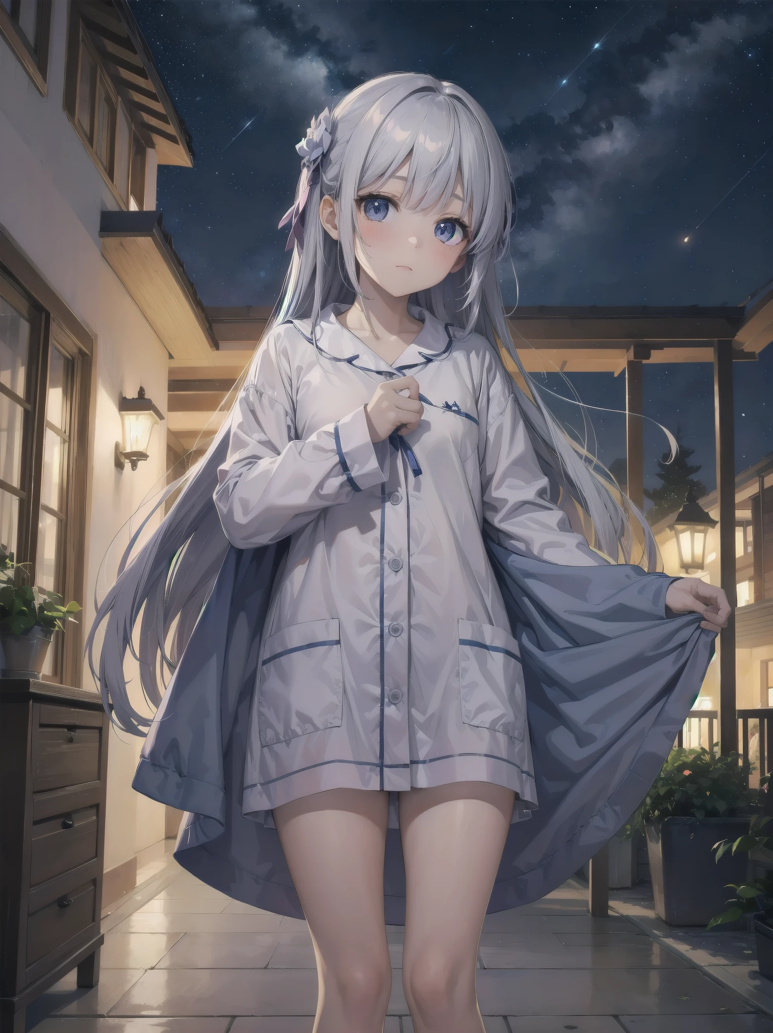 （night sky and girl、pajamas、blanket、Looking up at the stars on the balcony）
On the veranda at night、pajamasを着た少女がblanketを肩にかけ、Looking up at the starry sky。Countless stars shine in her eyes、The silence of the night envelopes her。