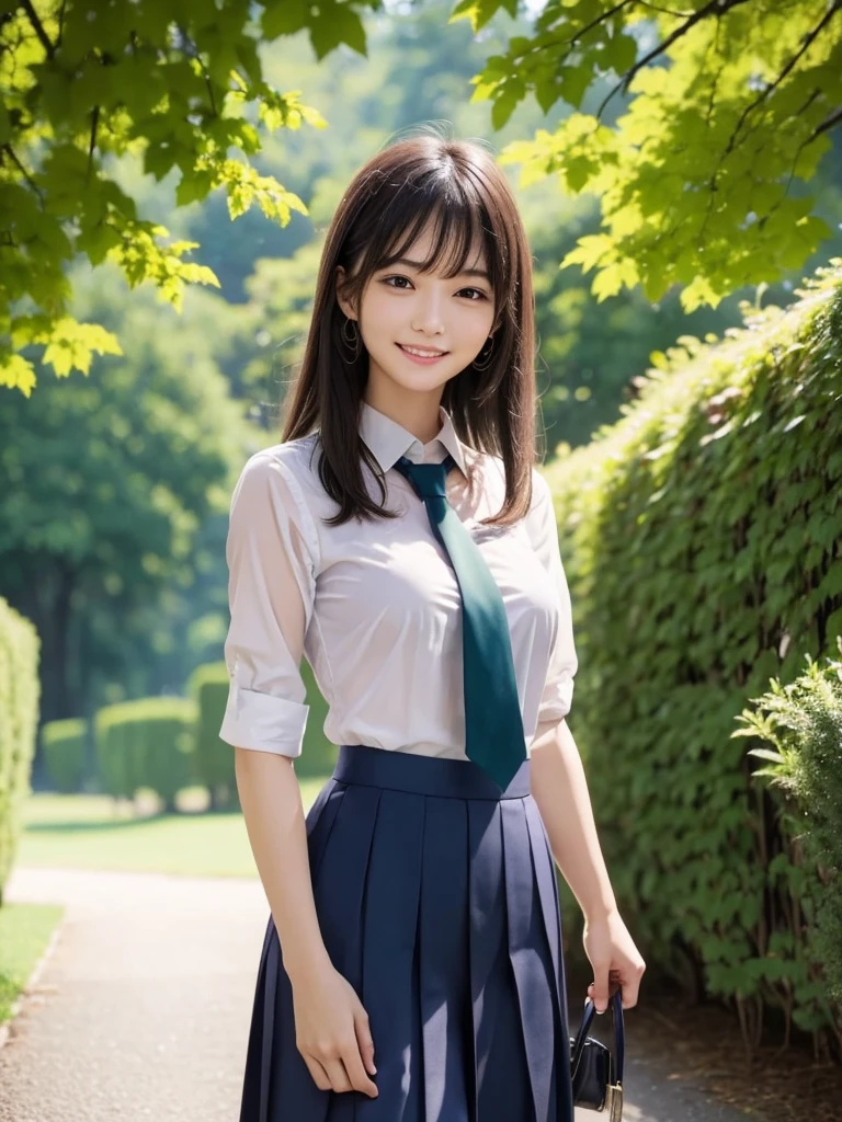Woman posing for a photo, ((whole bodyショット)), The most beautiful Japanese models, 17 year old female model, 4k、bangs、(((smile))), (Semi-long hair), 非対称なbangs, Straight hair、(White shirt, Green tie , Dark blue pleated skirt:1.2), (Idol-like and super cute face:1.4), whole body, Slim and beautiful figure, sexy, Beautiful breasts, Laughter, The background is a row of fresh green trees, (Raw photo, highest quality, masterpiece, Ultra-detailed, Ultra-high resolution, Realistic),