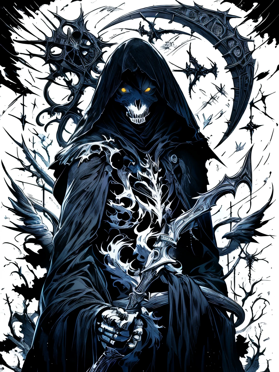 grim Reaper, Black and white illustration, Have a scythe, Glowing Eyes,