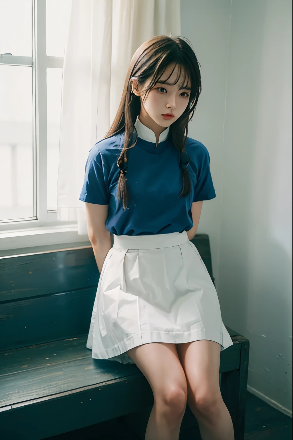 A cute girl is confined and tied up、Inside the room、White under the blue skirt、Red short sleeve shirt、Sit with your feet together and forward、Beauty、22 years old、Medium build、