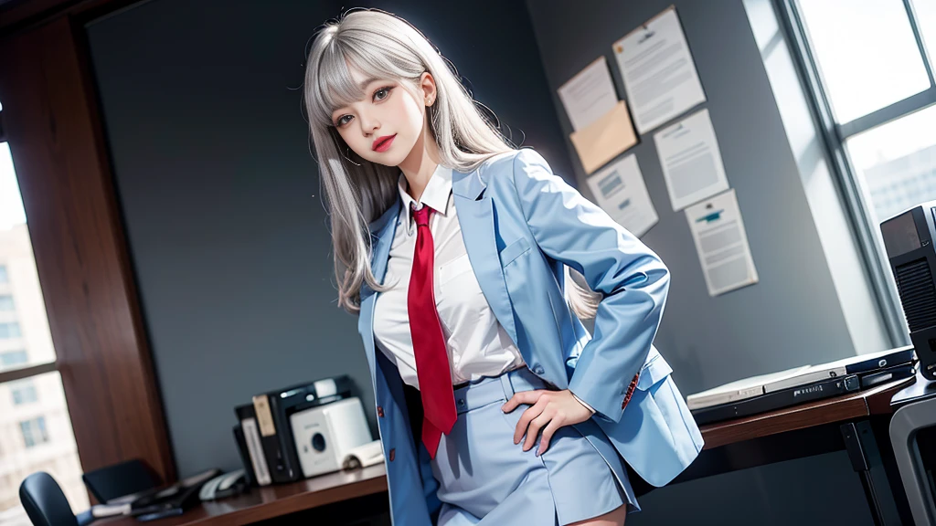 (Girl Standing In Big Office)、((Backward view)), Silver Hair, bangs, 鈍いbangs, Straight long hair, Aqua Eye, Long eyelashes, Round eyes, compensate, Open your mouth, blush, Lips parted, Bright Eyes, Smiley, Captivating smile, Sparkle, Surrealism, Modern,career woman、Light blue jacket、White shirt、Red tie、Black tight skirt、Black Pantyhose、High heels
