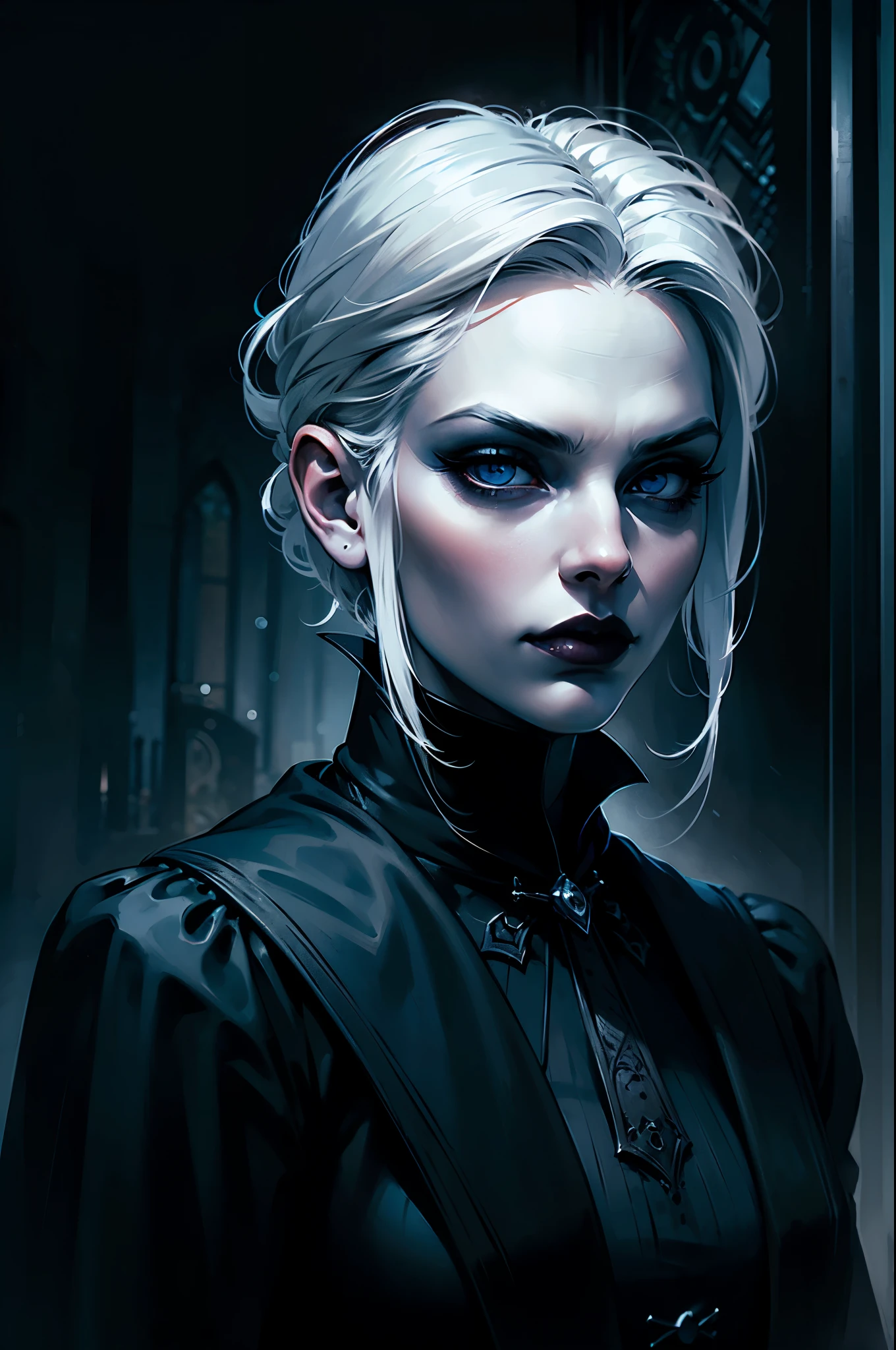 Woman with white hair and blue eyes in black outfit, Vampire Girl, Dark, But detailed digital art, dark fantasy style art, Portrait of a vampire, androgynous vampire, Dark art style, style of charlie bowater, gothic horror vibes, tom bagshaw artstyle, gothic art style, dark fantasy portrait, neoartcore and charlie bowater