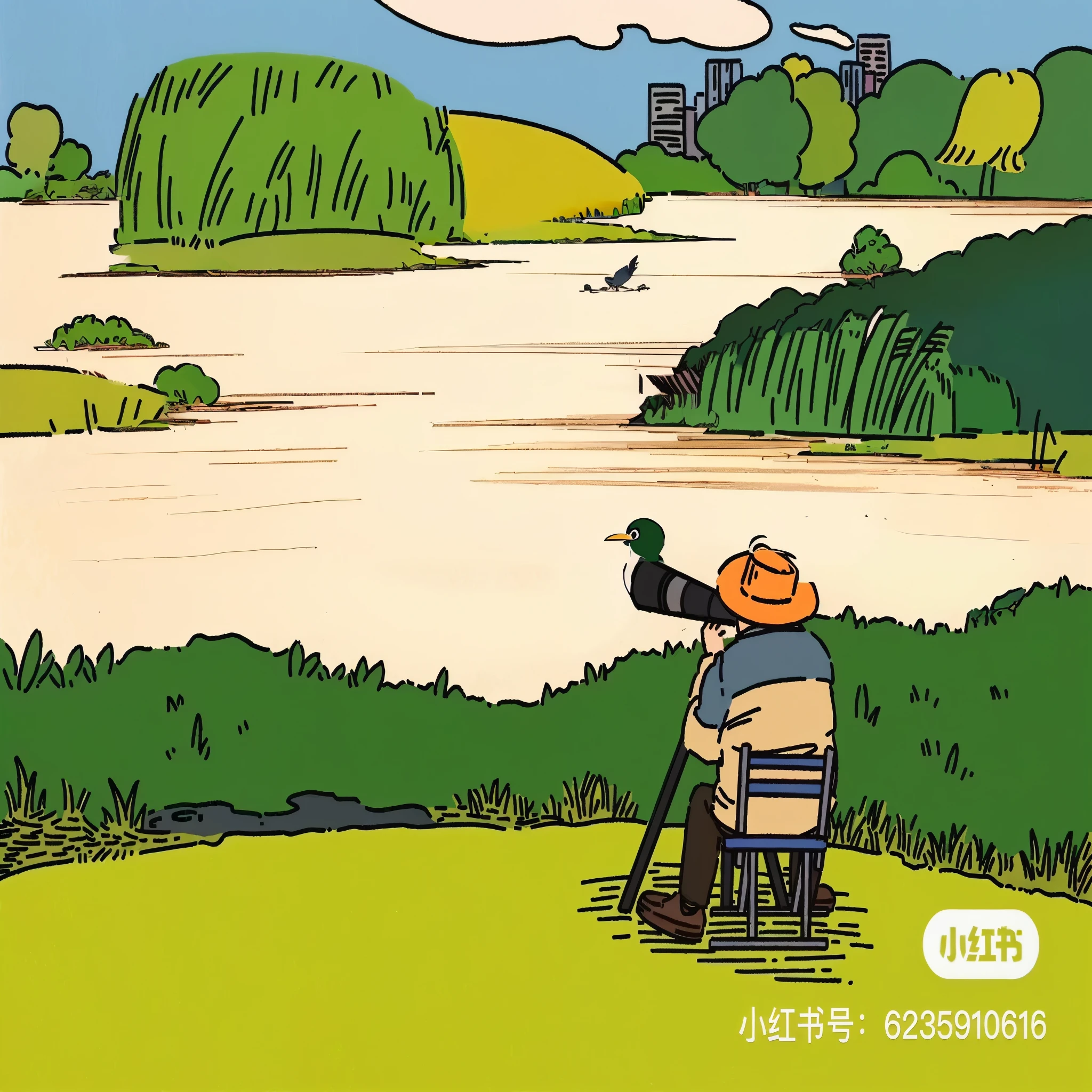 Cartoon of a man sitting on a chair and looking at a bird, Medium shot. Hayao Miyazaki, Nature documentary stills, Nature documentary stills, Hergé, Ghibli Mobis, through Yimo, Hayao Miyazaki的动画风格, film still from an cartoon, byChoi Buk, animated illustration style, Cel animation