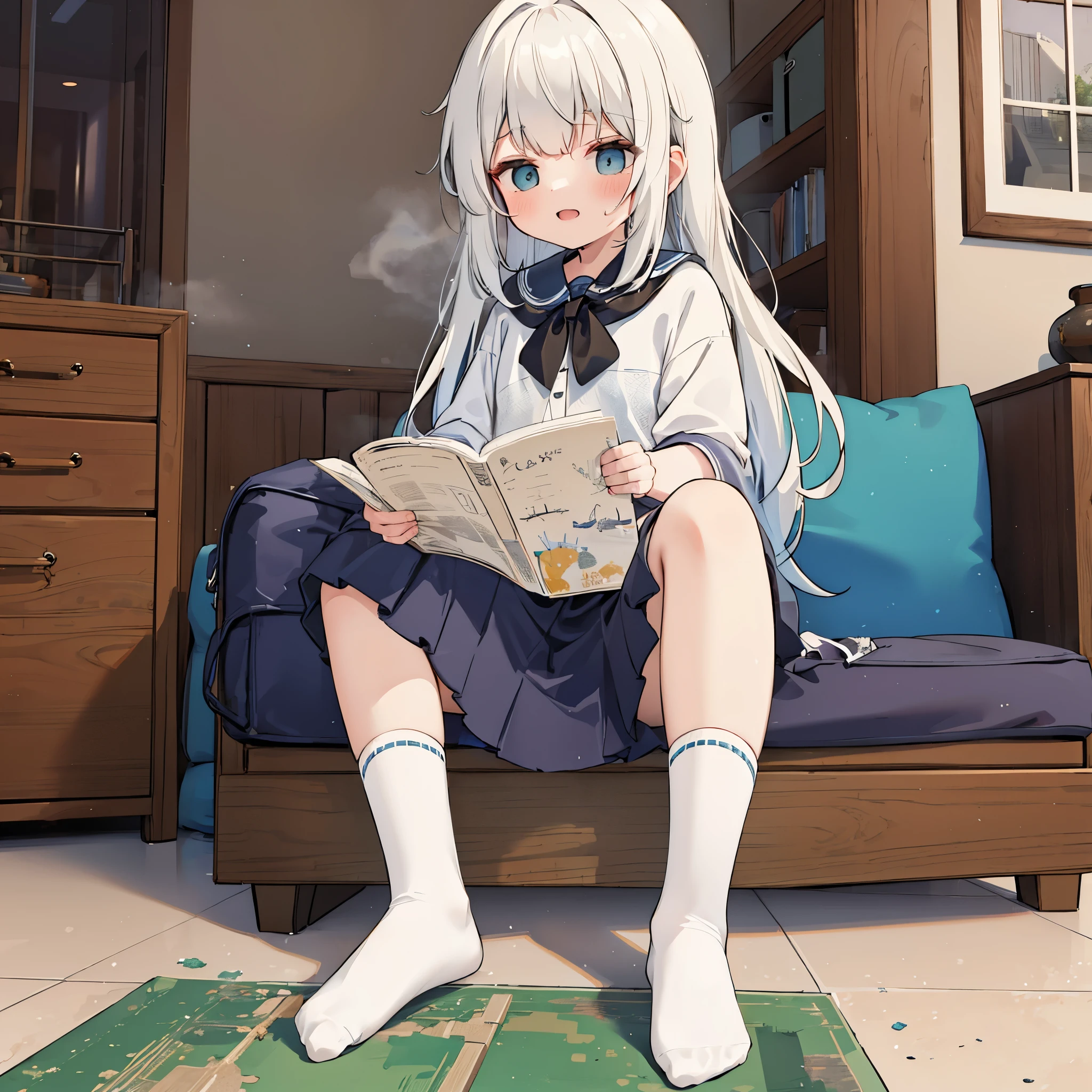 Masterpiece, Best quality, Highly detailed,Masterpiece,Best quality,offcial art,Extremely detailed Cg Unity 8K wallpaper,1girl,solo,A girl, eight years old, without shoes, white socks, In the room, sitting on a city, ,sitting on the ground, Step on the city with her feet, laughing, socks emitting steam,