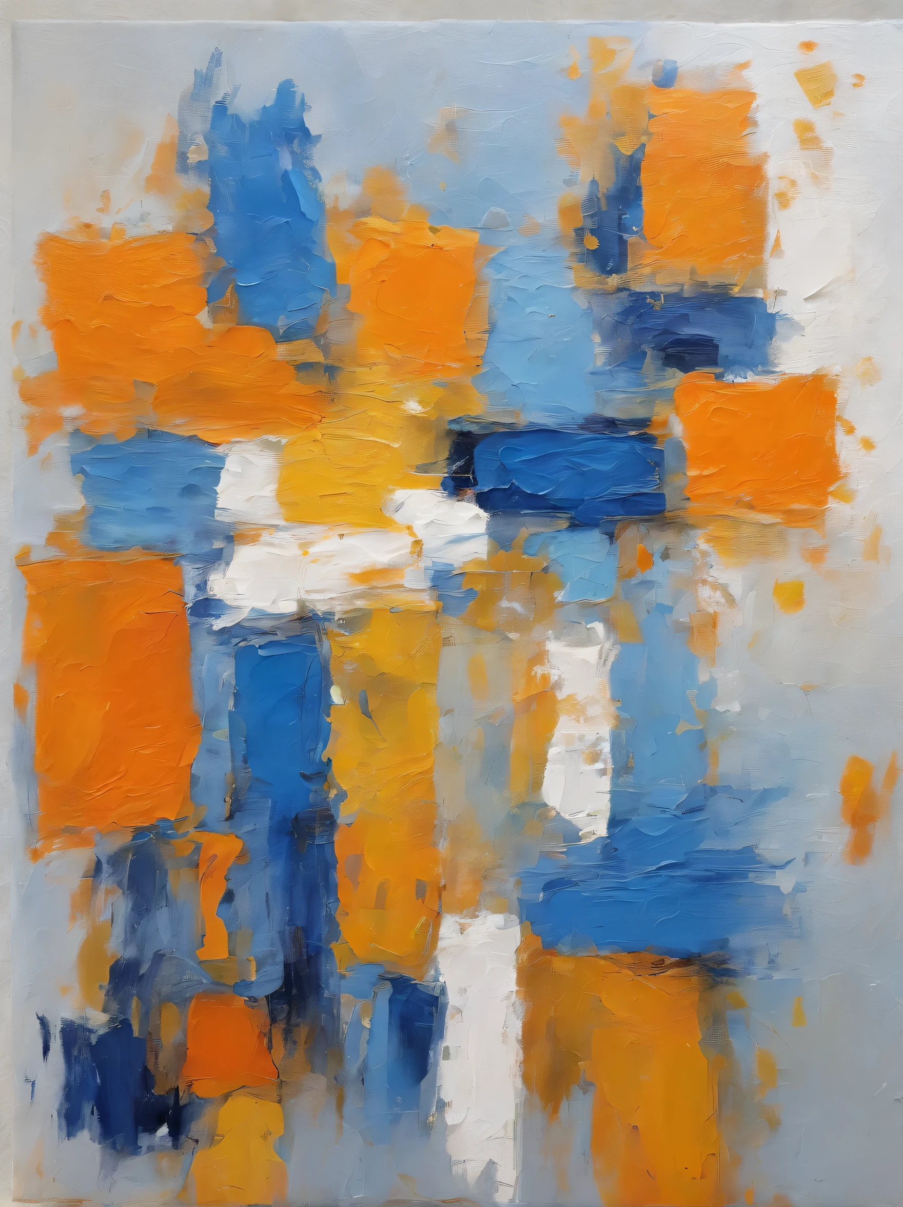 white & blue abstract painting with yellow, blue, and orange blocks, in the style of vibrant impasto brushstrokes, vibrant color palette, close up, bold and colorful compositions, light orange and light blue, colorful abstract paintings, heavy impasto brushstrokes --ar 3:4