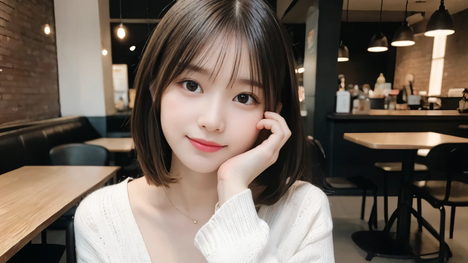 Random Pause, Mix 4, (8k, RAW Photos, highest quality, masterpiece: 1.45), (Realistic, Realistic: 1.37), One Girl, cute, Laughter, Professional Lighting, Photo taken in a cafe,Photon Mapping, Radio City, Physically Based Rendering, Gradient Blonde Hair, Gray Hair, Very short hair,Gal,good looking, With a girl,Long sleeve shirt,highest qualityの写真, High resolution, 1080p, (Clear Face), (Detailed facial depiction), (Detailed description of the hand), (masterpiece), Vibrant, Extreme light and shadow, Messy Hair, masterpiece, Rich details, (Detailed facial features), (highest qualityの写真), (masterpiece), (Finely tuned), dual、Look in front of you, Thin clavicle,Cafe Background