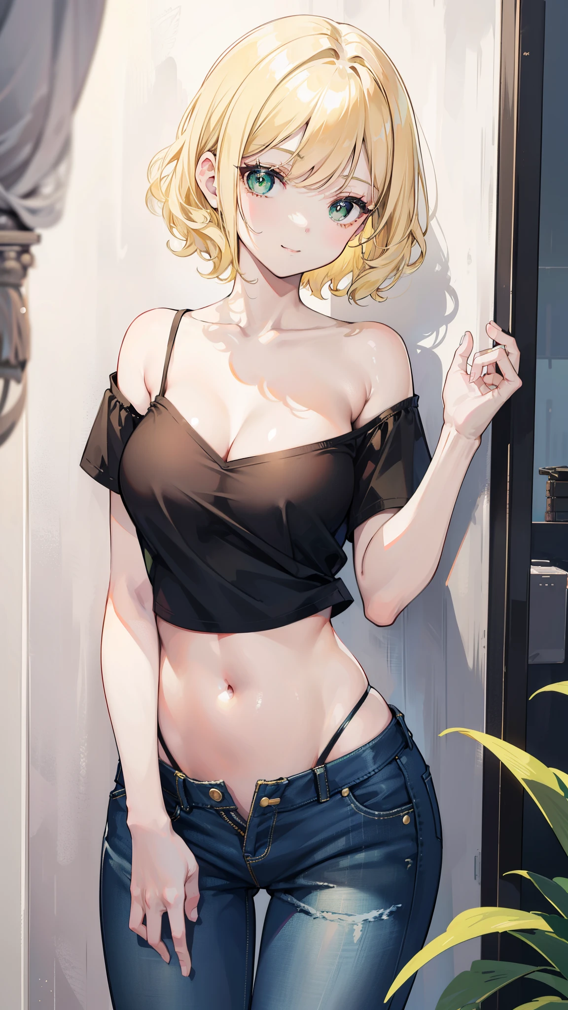 beautiful girl，Blonde short hair，curls，Green pupils，(Black off-the-shoulder short sleeves)，belly button，(camisole)，Super short jeans，(Pants open and unbuttoned)， legs，In the entrance，Warm Lights，Gentle smile，A warm filter，Leaning 