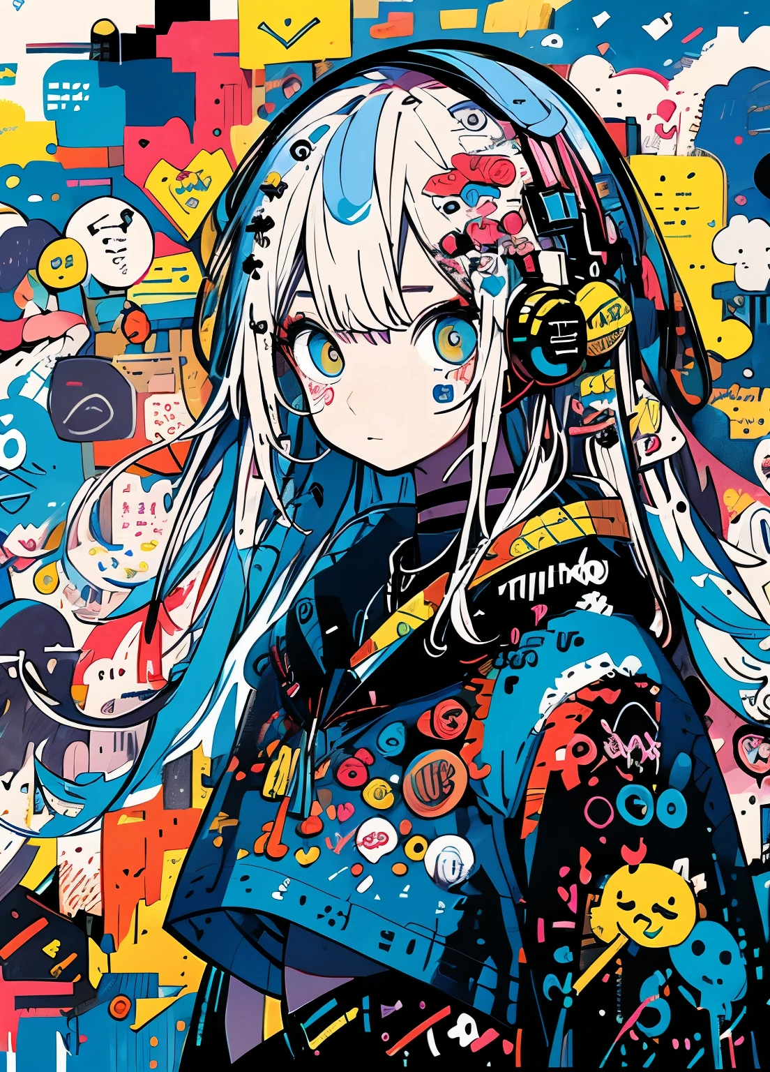 masterpiece, highest quality, One girl, Untidy face　solo, Crop top, denim, choker, (Doodle:1.5), Paint splashes, Put your arms behind your back, Hitting a wall, Look at the viewers, Arm band, , Paint on body, Tilt your head, boredom, Multicolored Hair, Aqua Eye, Put the headset on your head,