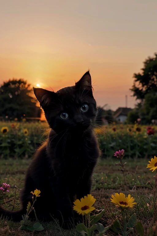 Incredibly beautiful black small kitten plays on a flower field at sunsettime
