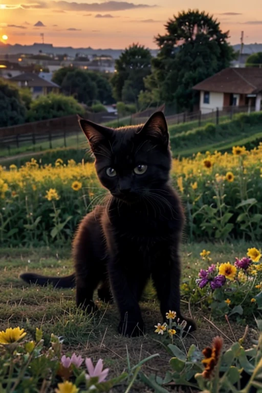 Incredibly beautiful black small kitten plays on a flower field at sunsettime