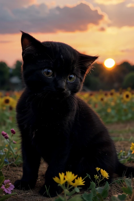 Incredibly beautiful black small kitten plays on a flower field at sunsettime
