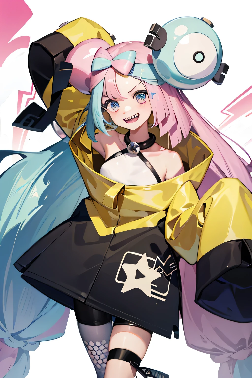 Highest quality、masterpiece、Big Breasts,Pink hair and blue eyes、Yellow Jacket、Please raise your right hand、Lower your left hand、Stand only on your right foot、Raise your left leg。Sharp teeth、smile、White Background,Nanjamo,No text