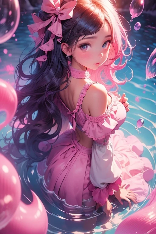 (best quality,8k,highres,masterpiece:1.2),ultra-detailed,(realistic,photorealistic,photo-realistic:1.37),beautiful, vibrant afrocentric girl with flawless skin and radiant smile, top model body, captivating eyes framed with long, curly lashes, luscious detailed lips, styled in a dynamic and fashionable pose, she stands amidst a dreamy landscape, surrounded by a serene pink translucent water reflecting shimmering bubbles, the scene reminiscent of a stunning anime illustration by the talented artist Sam Does Art.